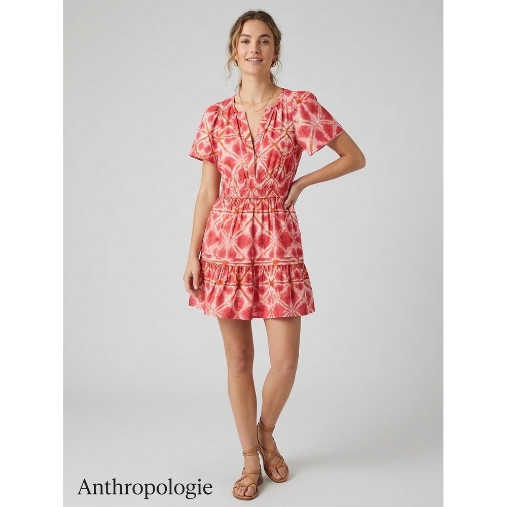 Anthropologie Shibori Tie Dye Smocked Mini Dress Pink Orange Cotton Small